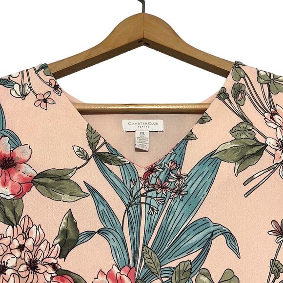 Floral Blouse Woman’s LP Petite Pink Tropical V-Neck 3/4 Sleeve Charter Club - Picture 2 of 10